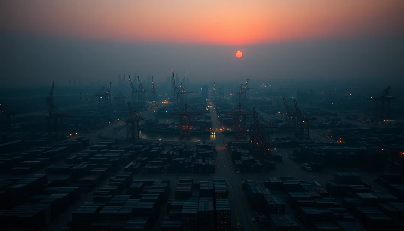 Chinese container port and manufacturing skyline at dusk under a red sky