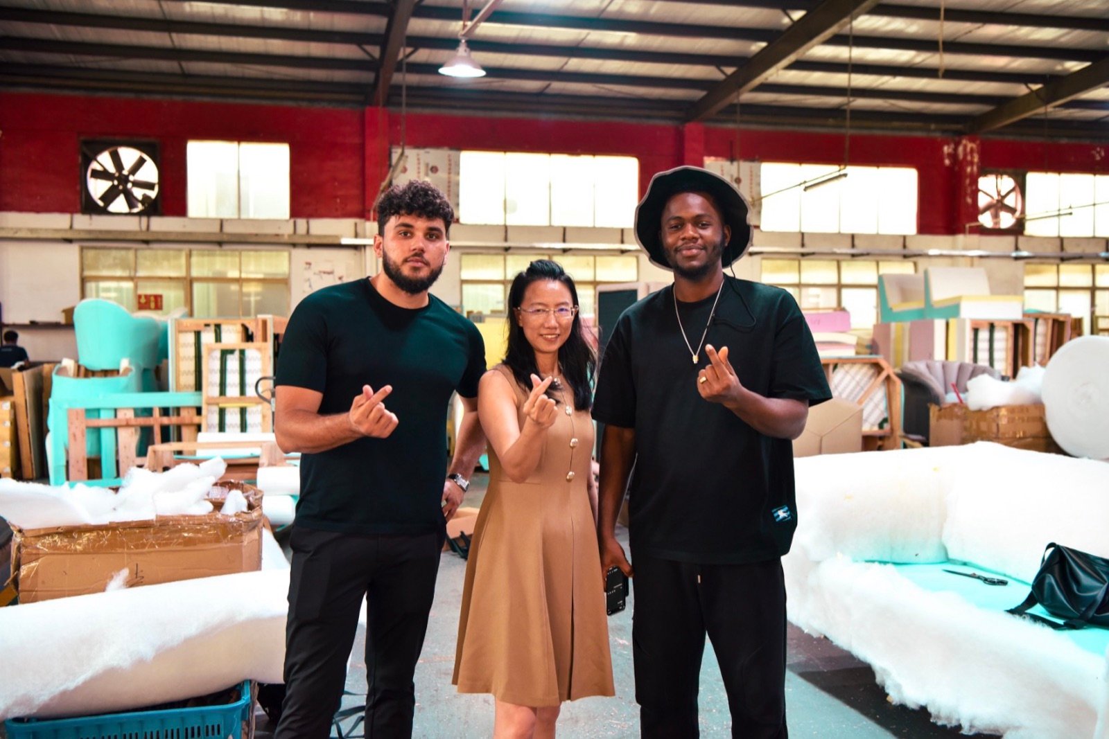 Tristan Grech with a supplier at a furniture factory in Shenzhen, China